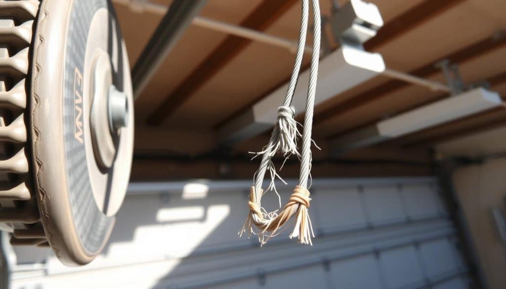 A close-up view of a garage door cable system, prominently featuring a loose cable hanging off its drum. In the foreground, the frayed ends of the cable should be clearly visible, displaying signs of wear. The middle of the image shows the cable's intricate looping mechanism and the attachment points to the garage door. In the background, an open garage with shadows cast by overhead lights creates a contrasting atmosphere of repair and maintenance. The garage door is partially closed, emphasizing the cable issue. Natural lighting illuminates the scene, showcasing the metallic texture of the cable and the smooth surface of the garage door. The overall mood is focused and industrious, ideal for illustrating repair challenges.