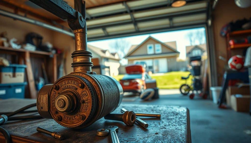 A close-up view of a garage door opener on a workbench, showcasing its intricate components and wear over time. The foreground features the opener's motor and gears, slightly rusted, surrounded by tools like screwdrivers and wrenches, hinting at maintenance. In the middle ground, a partially open garage door allows natural light to spill in, illuminating the dusty interior filled with boxes and sporting equipment. The background shows a suburban neighborhood through the open door, with a bright blue sky. The overall mood is a blend of nostalgia and practicality, emphasizing the durability and lifespan of garage door openers. Soft, warm lighting enhances the scene’s inviting atmosphere, captured from a low angle for depth.