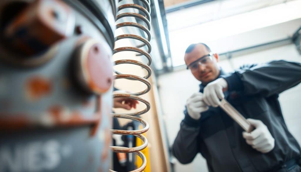 A close-up view of a garage door spring adjustment in progress, featuring a technician in professional attire, carefully adjusting the tension on a large garage door spring using specialized tools. In the foreground, highlight the intricate mechanics of the spring system with detailed textures of metal and rust. In the middle ground, show the technician focused on the task, with tools like a wrench and safety goggles nearby. The background should include a slightly blurred garage environment with a partially open garage door, letting in soft, natural light that creates a warm and professional atmosphere. Use a shallow depth of field to emphasize the technician and the spring mechanism, capturing both the precision and the technical nature of the adjustment process. The mood is focused and diligent, showcasing expertise in garage door maintenance.