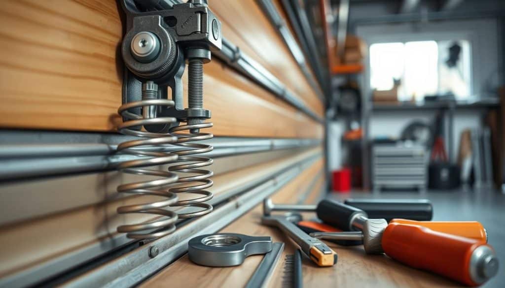 A close-up view of a maintenance garage door, showcasing intricate details such as the heavy-duty springs, pulleys, and tracks used in garage door mechanisms. The foreground features a well-maintained, metallic garage door in a natural color, with focus on the springs that indicate recent adjustments. In the middle ground, there are tools like a wrench and a screwdriver, strategically placed as if ready for work. The background of the image includes a slightly blurred garage environment, with shelves holding various equipment and spare parts, softly lit by natural light coming from a nearby window. The overall mood is professional and methodical, reflecting a sense of care and expertise in garage door maintenance. No captions or text are present in the image.