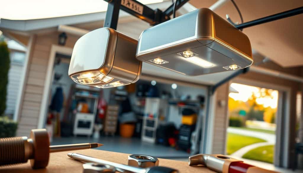 A close-up view of a modern garage door opener installed on a sleek, contemporary garage door. The opener features a polished, silver metallic body with clear LED lights indicating its operational status. In the foreground, tools such as a screwdriver and wrench are neatly arranged, hinting at the installation process. The middle ground showcases the garage door partially open, revealing a bright, organized garage space filled with neatly stored items. In the background, a suburban driveway is visible, framed by well-maintained lawns and trees under a soft, sunny sky. The lighting is warm and inviting, emphasizing a professional and reliable atmosphere, suitable for a service-oriented article about garage door openers.
