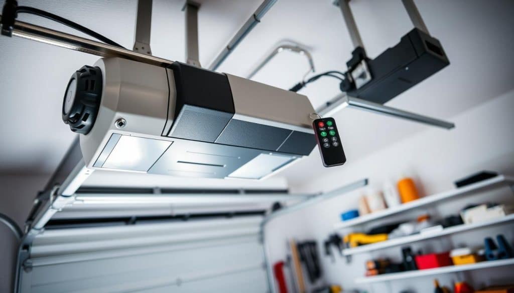 A close-up view of a modern garage door opener mounted on the ceiling of a tidy garage. The foreground features detailed components of the opener, showcasing the motor, guiding rails, and the remote control. In the middle ground, the sleek automatic garage door is partially opened, revealing a clutter-free interior with tools neatly organized. The background consists of a tidy garage wall with shelves holding various items, all well-lit by soft, natural lighting filtering through a window. The image captures a bright and organized atmosphere, emphasizing functionality and maintenance. The angle is slightly tilted upward to create a sense of depth, highlighting the technology of the opener in a clean, professional setting.