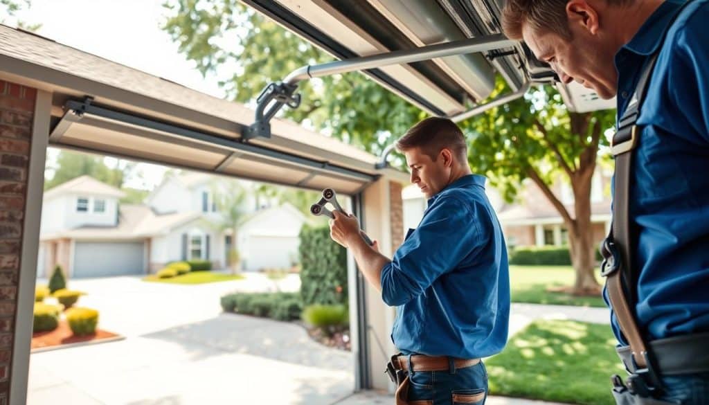 A close-up view of a professional technician repairing a garage door, set in a residential area. In the foreground, the technician is focused, wearing a blue shirt and tool belt, using a wrench to adjust the door's tracks. The middle ground showcases a partially open garage door, with visible mechanisms and springs, highlighting the repair process. In the background, a suburban neighborhood with well-kept lawns and homes provides context. Soft natural lighting filters through the trees, casting gentle shadows, while the angle captures both the technician's concentration and the intricacies of the garage door. The atmosphere is professional and informative, suitable for illustrating typical repair costs.