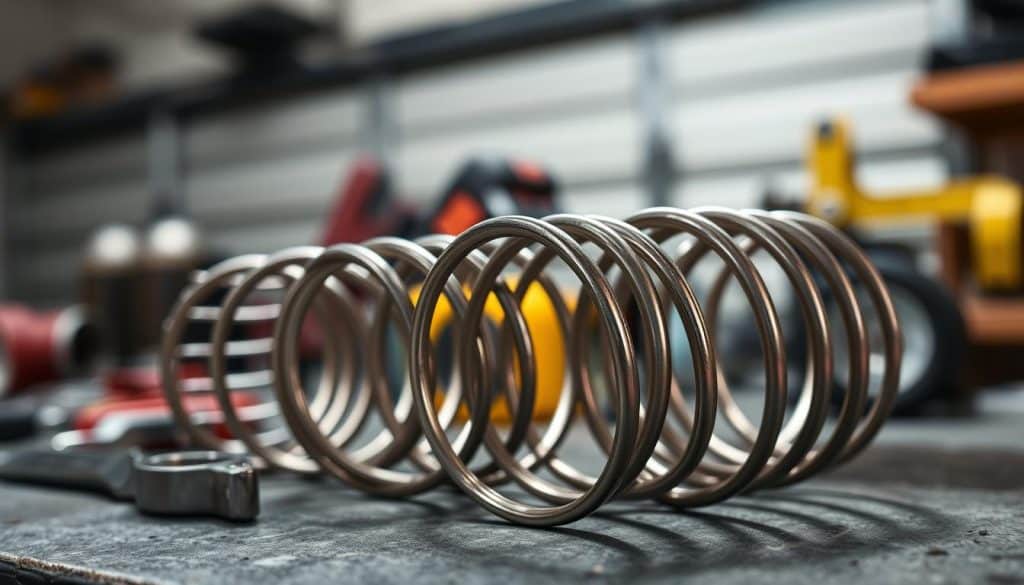 A close-up view of torsion springs, intricately designed and coiled, displayed on a workbench. Highlight the metallic sheen of the springs under soft, diffuse lighting to accentuate their texture and details, with a shallow depth of field focusing on the springs in the foreground. In the middle ground, include tools like a wrench and a measuring tape, suggesting a garage workspace. The background should be slightly blurred but suggestive of a garage environment, with faint outlines of garage doors and shelves. The overall mood should convey a sense of craftsmanship and mechanical precision, emphasizing the importance of these components in garage door systems.