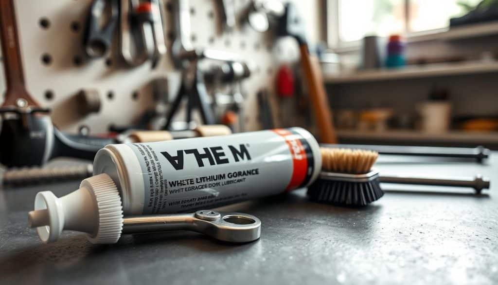 A close-up view of white lithium grease in a tube, with the cap slightly removed to reveal the smooth, glossy consistency of the lubricant. The tube is positioned prominently in the foreground, showcasing its branding and product details. Surrounding the tube, tools like a wrench and a brush lay on a clean workbench, suggesting a garage environment. Soft, natural lighting illuminates the scene from the right, creating gentle shadows and highlights that emphasize the grease's texture. In the background, blurred out, tools and hardware are organized on shelves, contributing to a workspace atmosphere. The image conveys a sense of professionalism and care in maintenance, capturing the essence of choosing the right lubricant for garage doors.