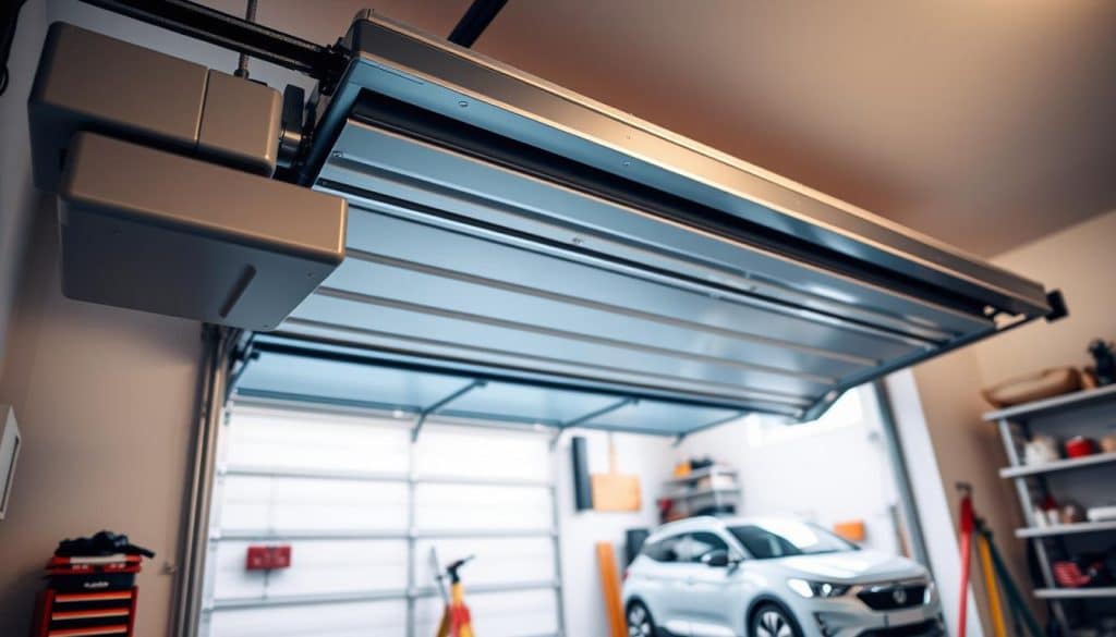 A modern garage door opening partially, revealing a spacious garage interior. In the foreground, a sleek, automated garage door mechanism is visible, showcasing its intricate components. The middle ground features the door itself, painted in a clean white color, with horizontal panels and a glimpse of natural light filtering through the upper windows. The background includes neatly organized tools and a vehicle, highlighting a tidy and functional space. Soft, ambient lighting creates a welcoming atmosphere, emphasizing a sense of ease and convenience. The angle is slightly low to capture the door's ascent and the inviting scene beyond, evoking intrigue and a hint of mystery regarding the door's operation.