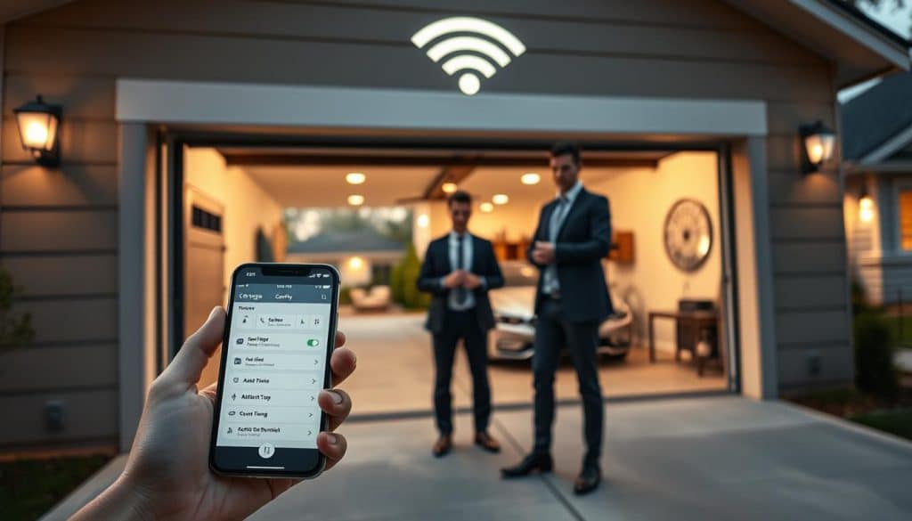 A modern, secure garage door with a sleek design, slightly open to reveal a well-lit interior filled with smart technology. In the foreground, a smartphone displaying a user interface for remote garage control, showing options for security settings. In the middle ground, an alert and vigilant homeowner dressed in professional business attire, observing the smartphone while standing near the open garage door. The background features a suburban neighborhood bathed in warm evening light, with a subtle hint of a Wi-Fi signal icon in the atmosphere, symbolizing connectivity. The overall mood is one of peace of mind and technological advancement, emphasizing security and readiness for power outages. The composition is shot at a low angle to capture the depth and detail of the garage, with soft, ambient lighting to create a welcoming yet secure atmosphere.