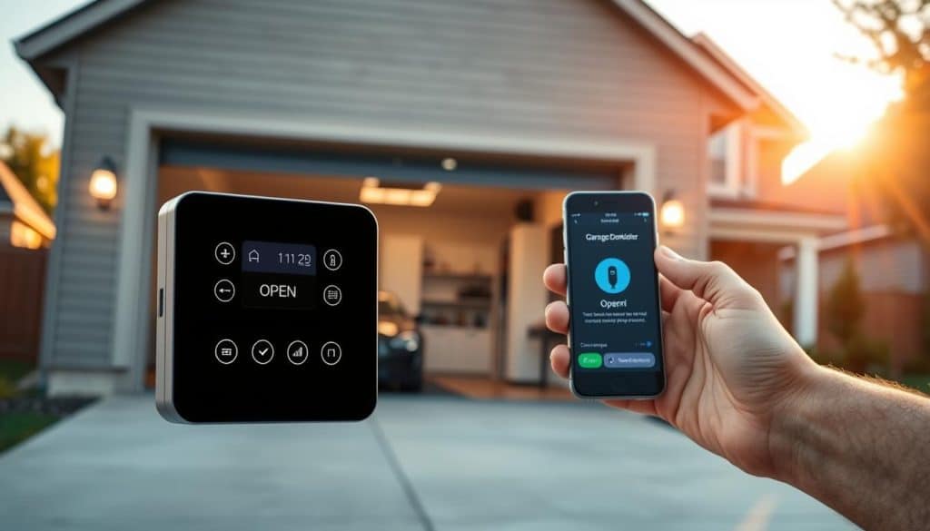 A modern, sleek retrofit garage door controller displayed prominently in the foreground, showcasing its digital interface with illuminated buttons and a smartphone app screen illustrating a garage door being opened. In the middle ground, a stylish, sophisticated garage with an open door, revealing a clean, organized interior. The background features a suburban neighborhood bathed in warm afternoon sunlight, highlighting a well-kept home. The scene is shot with a slightly angled perspective to create depth, using soft, natural lighting that evokes a sense of convenience and reliability. The overall mood is inviting and modern, emphasizing the ease of controlling a garage door with a smartphone.