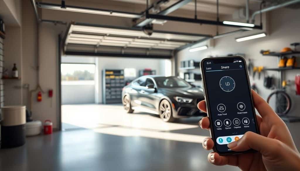 A modern smart garage with an open door revealing sleek, organized storage and a high-tech garage door mechanism. In the foreground, a close-up of a smartphone displaying an app interface that controls the garage door, showcasing user-friendly icons. In the middle ground, a stylish vehicle parked within, highlighting ample space and a clean, minimalist design. The background features a bright, well-lit garage with smart lighting systems and automated tools neatly arranged on wall-mounted racks. Soft sunlight filters in, creating a warm, inviting atmosphere that emphasizes convenience for busy homeowners. Use a wide-angle lens to capture the entire scene, enhancing the feeling of a spacious, efficient garage.