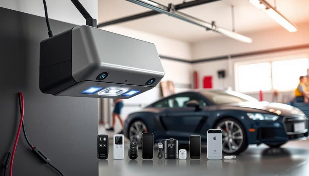 A sleek, modern garage door opener displayed prominently in the foreground, showcasing its advanced features like smart technology buttons and LED indicators. The opener is mounted on a stylish garage wall with a fresh coat of paint. In the middle ground, various accessories like a remote control, smartphone integration, and a wall-mounted keypad are arranged neatly, emphasizing the range of options that come with modern openers. In the background, a well-lit, spacious garage is visible, showcasing a shiny vehicle and organized tools, conveying a sense of efficiency and organization. The lighting is bright and inviting, creating a positive atmosphere that highlights innovation and simplicity. Capture the image from a slightly angled perspective, focusing on the opener and accessories, with a soft depth of field to draw attention to the subject.