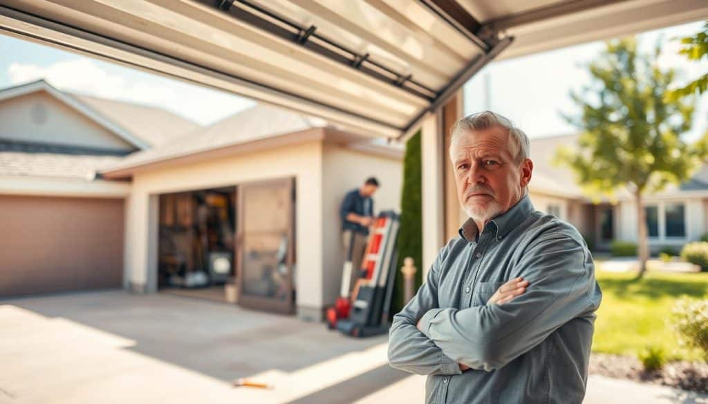 A visually engaging scene depicting a homeowner looking concerned as they stand next to a malfunctioning garage door. In the foreground, show the homeowner, a middle-aged individual in professional attire, inspecting the garage door's mechanism with a thoughtful expression. In the middle, focus on the open garage door, partially revealing its inner mechanisms like springs and tracks, with a few tools scattered around. In the background, depict a tidy suburban home and well-maintained lawn, under a bright sunny sky, creating a warm and inviting atmosphere. Use soft, natural lighting to enhance the image's clarity. The lens should capture a slightly low angle, emphasizing the height of the garage door. The overall mood should be a mix of concern and practical decision-making, illustrating the moment of realizing when to seek professional help.