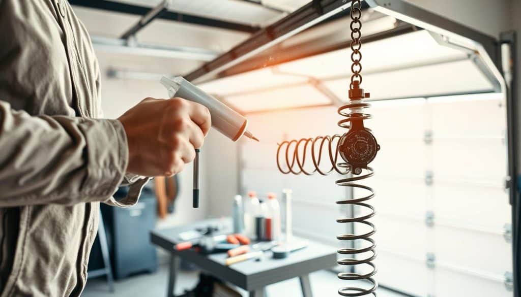 A well-lit garage interior focusing on the process of lubricating a garage door spring. In the foreground, a person wearing a modest casual outfit applies lubricant to the spring mechanism with a grease gun, showcasing clear hand movements. In the middle, tools neatly arranged on a workbench contrast against the shiny metal springs and tracks. The background reveals a partially opened garage door, letting in natural light that highlights the dust particles in the air, creating a warm, inviting atmosphere. The angle is slightly tilted to emphasize the action of lubrication while keeping the whole scene in view. The overall mood is practical and informative, emphasizing the DIY aspect of garage maintenance.