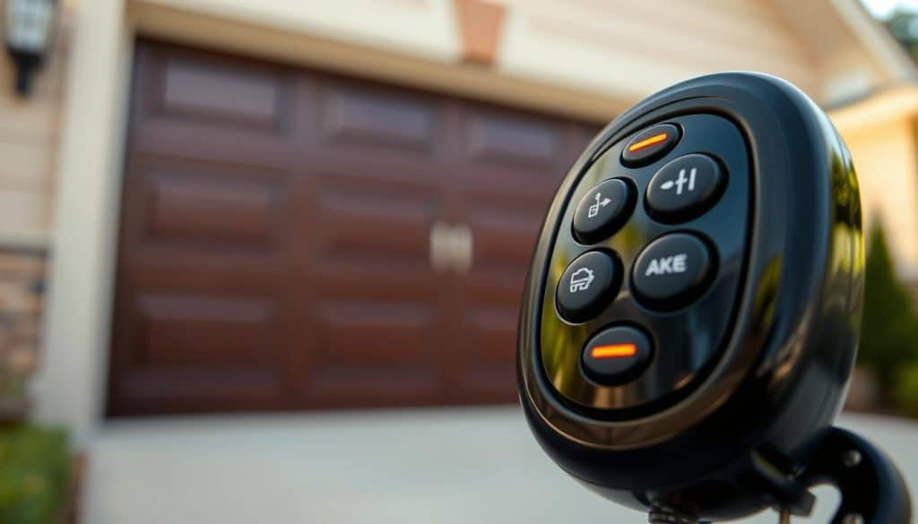A close-up shot of a sleek, modern garage door remote control prominently placed in the foreground. The remote features a glossy black finish with user-friendly buttons brightly illuminated, displaying the contrast with soft shadows. In the middle ground, a blurred out garage door is partially visible, showcasing its texture and color, emphasizing the theme of functionality and convenience. The background is slightly out of focus, suggesting a suburban setting with hints of greenery through an open garage, creating an inviting and practical atmosphere. The lighting is soft and natural, suggesting late afternoon sunlight filtering gently, adding warmth and a sense of urgency to the scene. The composition should evoke a feeling of reassurance, highlighting the importance of having a reliable remote for garage access.