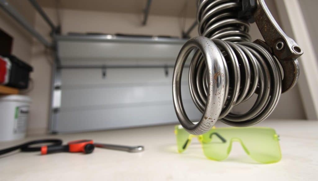 A close-up view of a garage door spring, showcasing the intricate details of its metal coils and tension mechanisms. The spring should be depicted prominently in the foreground, with a focus on its texture and shine, highlighting wear and potential damage. In the middle ground, include a partially opened garage door to provide context, with tools like a wrench and safety goggles scattered nearby, indicating an ongoing repair process. The background should feature a garage setting, with soft, diffused lighting to create a neutral atmosphere. The image angle should be slightly tilted to emphasize the complexity of the spring. The overall mood is focused and mechanical, conveying the challenges and common mistakes of garage door spring repair.