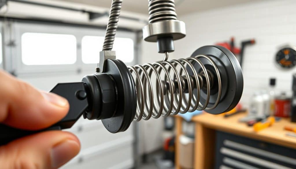 A close-up view of a garage door spring system, showcasing the intricate balance and tension of the springs and pulleys. In the foreground, emphasize a hand making a quarter turn on an adjustment tool, symbolizing fine-tuning and precision. The middle layer captures the intersecting cables and tightly wound springs, highlighting their mechanics and the effort involved in achieving balance. In the background, a well-lit garage environment with tools neatly arranged on a workbench creates an organized, professional atmosphere. Soft, diffused lighting enhances the details and textures of the metal components, conveying a sense of focus and determination in the task at hand. The overall mood should evoke a feeling of technical mastery and careful adjustment.