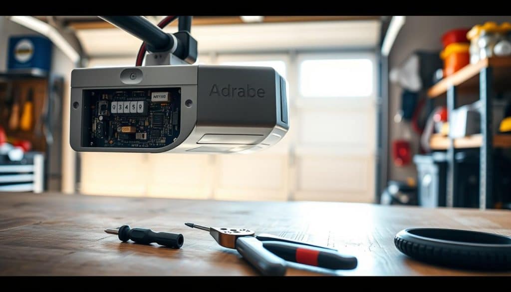 A close-up view of a modern garage door opener on a wooden workbench, displaying intricate circuit boards and buttons. In the foreground, a pair of professional tools such as a screwdriver and pliers lie beside the opener, hinting at the programming process. The middle ground features a partially open garage door with soft light illuminating the scene, creating a warm and inviting atmosphere. In the background, shelves filled with neatly organized tools and safety gear are visible, emphasizing the importance of safety and preparation. The lighting is bright but soft, mimicking daylight, with a slight Depth of Field effect to focus on the opener and tools. The overall mood conveys a sense of readiness and professionalism, ideal for a practical home improvement context.