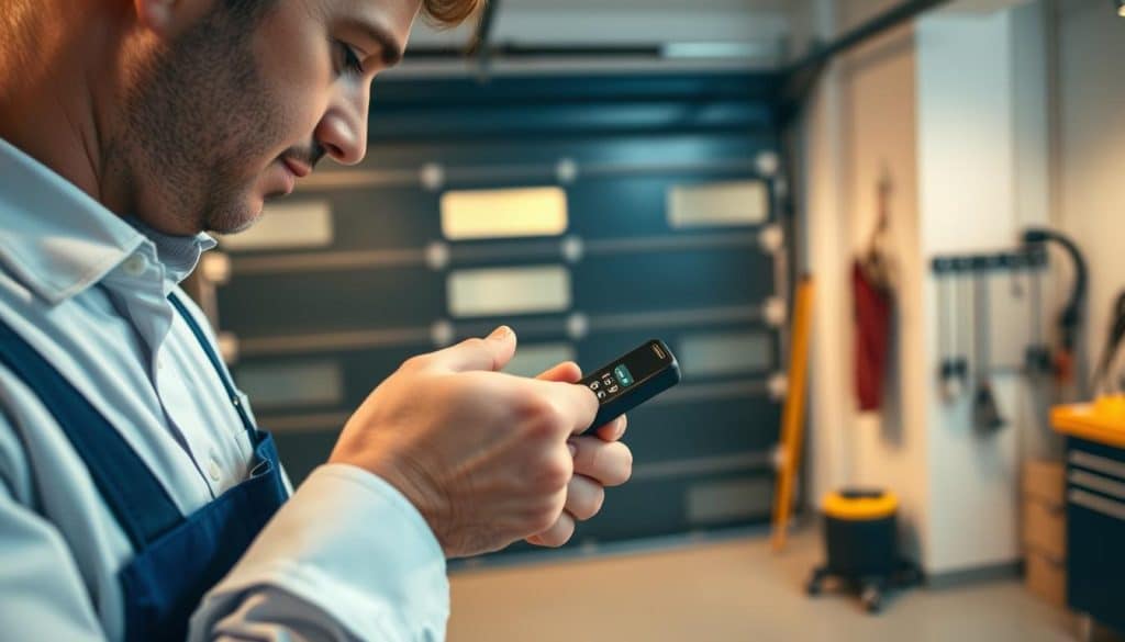 A close-up view of a person in professional attire, carefully reprogramming a garage door remote control. The foreground features the remote in their hands, displaying illuminated buttons, while the individual's focused expression conveys attention to detail. In the middle, a modern garage door is partially visible, showcasing a sleek design and high-tech features, hinting at the functionality of a multi-door system. The background includes a clean, organized garage environment with tools and equipment neatly arranged. Soft, warm lighting enhances the atmosphere, creating a sense of professionalism and precision, as if capturing a moment of expert service in action. The overall mood is focused and informative, ideal for illustrating technical instructions.