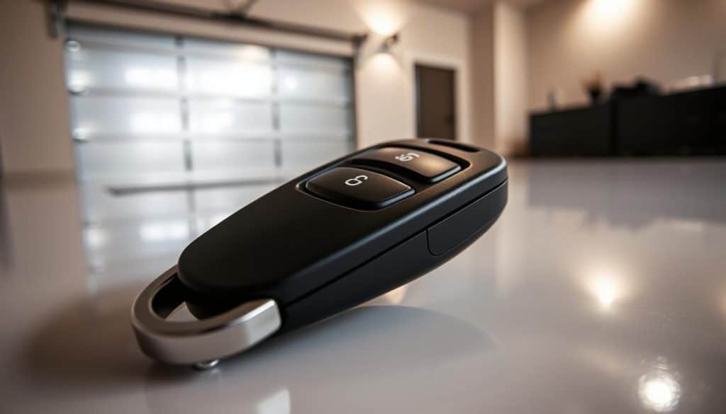A close-up view of a sleek, modern garage door remote control, featuring an ergonomic design and labeled buttons, resting on a clean, reflective surface. The remote, in black with silver accents, is illuminated by soft, diffused lighting that highlights its contours and showcases the detail of the buttons. In the background, a blurred image of a contemporary garage, with a shiny garage door partially open, adds context without overwhelming the subject. The scene conveys a sense of utility and modern technology, emphasizing the convenience and accessibility of owning a garage door remote. The overall mood is professional and informative, suitable for illustrating a guide on obtaining a new garage door remote.