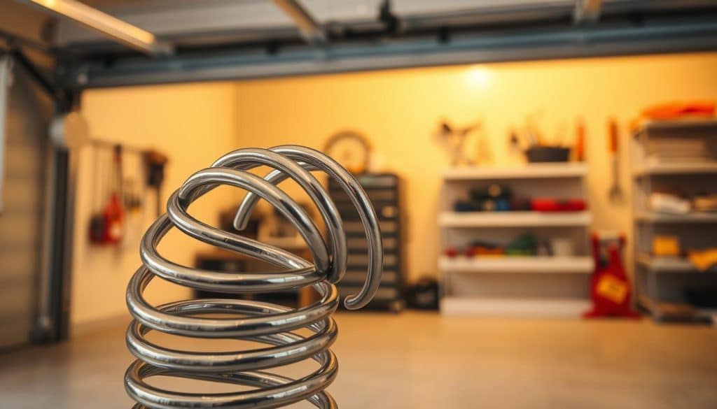 A close-up view of a torsion spring specifically designed for garage doors, prominently placed in the foreground. The metal coils are shiny and intricately detailed, showcasing the tension and structure of the spring. In the middle ground, a partially open garage door reveals a clean, modern garage interior with tools neatly arranged on shelves, emphasizing the maintenance aspect. The background is softly blurred to keep the focus on the spring while depicting subtle hints of a residential environment. Warm, natural lighting illuminates the scene, creating a welcoming atmosphere. The angle is slightly tilted to create depth, highlighting the spring's impressive engineering. Overall, the mood is informative yet engaging, catering to readers' curiosity about their garage door mechanisms.