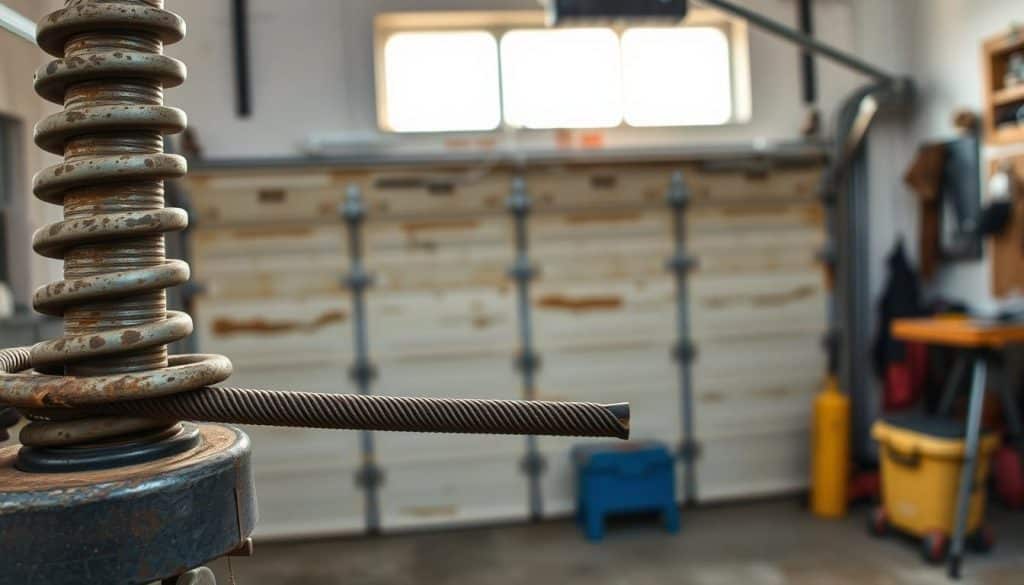 A close-up view of a worn garage door spring system, showcasing signs of wear such as rust, fraying, and uneven tension. In the foreground, detailed shots of the springs with scratches and discoloration, highlighting the need for maintenance. The middle ground features an old, slightly dented garage door partially open, revealing faded paint and some chipped edges. In the background, a well-organized garage with tools and equipment cast in soft, natural light filtering through a window, creating a sense of warmth and reliability. The atmosphere evokes professionalism and the importance of timely maintenance. The image should be captured with a macro lens to emphasize detail, with a slight depth of field to blur the background, focusing the viewer's attention on the worn components.