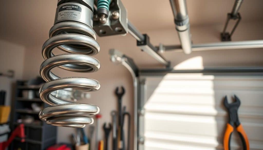 A detailed close-up of a garage door torsion spring installed above a garage door, showcasing its coil structure and end fittings. In the foreground, highlight the spring's tension, demonstrating the mechanics involved in its installation. The middle ground features a neatly organized garage with tools such as a wrench and screwdriver, emphasizing a DIY atmosphere. In the background, a partial view of the garage door tracks and panels is visible, providing context to the torsion spring. The image is well-lit with natural lighting, capturing shadows and reflections on the metal surfaces, and shot at a slight angle to emphasize depth and detail. The atmosphere is technical yet approachable, suited for an instructional environment. No people are present in the image.