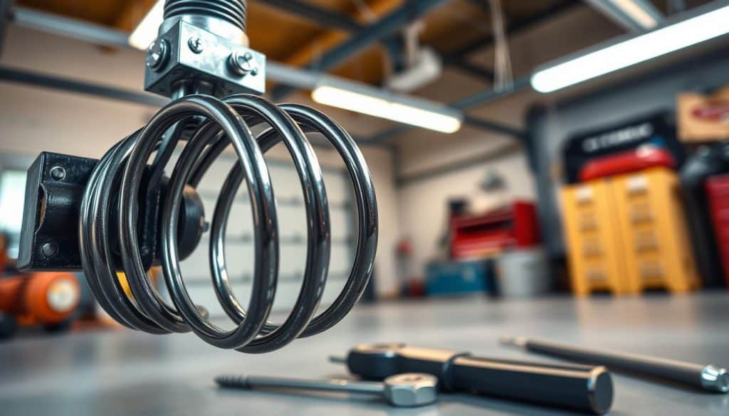 A detailed close-up view of a torsion spring mechanism used in garage doors, showcasing the coiled structure and mounting hardware. In the foreground, highlight the intricacies of the spring with a focus on its spiral coils and metal components, emphasizing their tension and flexibility. In the middle ground, include a partially open garage door for context, with tools like a wrench and screwdriver lying nearby to signify repair work. The background should feature an organized garage workshop, with overhead lights casting a warm glow that highlights the metallic sheen of the spring. Use a shallow depth of field to blur the background slightly, creating a focused, informative ambiance that conveys a sense of craftsmanship and expertise.