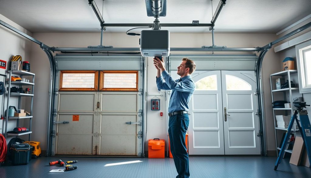 A detailed garage with half-open doors in the foreground, showcasing a sleek garage door opener installation process. A professional technician in business casual attire is inspecting the opener, surrounded by tools like a drill, screwdriver, and a manual, while gesturing towards the mounted opener. In the middle ground, a before-and-after comparison of garage doors: one side shows an old, rusty door, while the other reveals a modern, stylish door. The background features a well-lit, organized workspace with shelves of equipment and an ambient light source from a window casting soft shadows, creating a calm yet focused atmosphere. The image should evoke a sense of professionalism and the careful balance of DIY versus expert installation service options. A detailed garage with half-open doors in the foreground, showcasing a sleek garage door opener installation process. A professional technician in business casual attire is inspecting the opener, surrounded by tools like a drill, screwdriver, and a manual, while gesturing towards the mounted opener. In the middle ground, a before-and-after comparison of garage doors: one side shows an old, rusty door, while the other reveals a modern, stylish door. The background features a well-lit, organized workspace with shelves of equipment and an ambient light source from a window casting soft shadows, creating a calm yet focused atmosphere. The image should evoke a sense of professionalism and the careful balance of DIY versus expert installation service options.