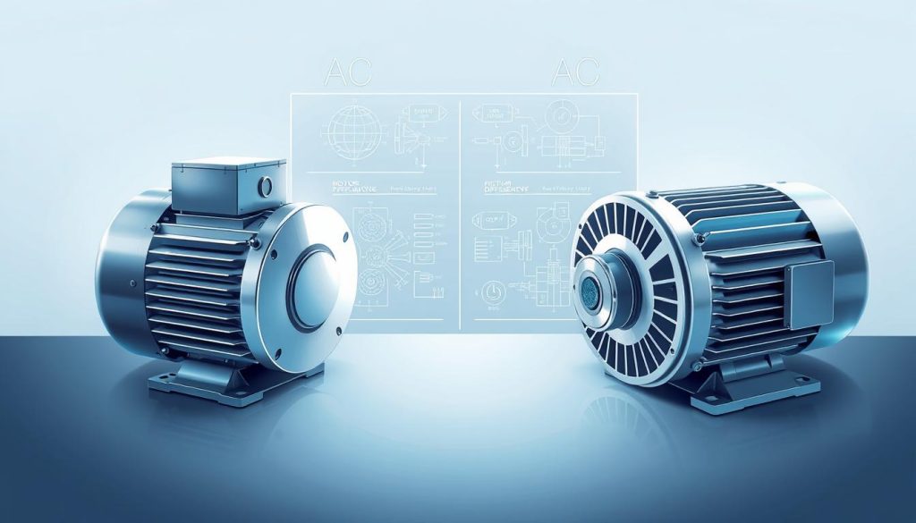A detailed illustration of AC and DC motors side by side, showcasing their functional differences in a clean, professional style. In the foreground, a sleek DC motor with its characteristics highlighted by subtle glowing elements, and an AC motor with smooth, curved features, both set against a neutral background. The middle ground features engineering diagrams that indicate the components and workings of each motor type, with highlighted sections for efficiency and power symbols. The background remains slightly blurred to emphasize the motors, with soft, diffuse lighting creating a modern and technical atmosphere. Use a high-angle perspective to capture a comprehensive view, with a balanced color palette of blue and gray to convey professionalism and clarity. A detailed illustration of AC and DC motors side by side, showcasing their functional differences in a clean, professional style. In the foreground, a sleek DC motor with its characteristics highlighted by subtle glowing elements, and an AC motor with smooth, curved features, both set against a neutral background. The middle ground features engineering diagrams that indicate the components and workings of each motor type, with highlighted sections for efficiency and power symbols. The background remains slightly blurred to emphasize the motors, with soft, diffuse lighting creating a modern and technical atmosphere. Use a high-angle perspective to capture a comprehensive view, with a balanced color palette of blue and gray to convey professionalism and clarity.