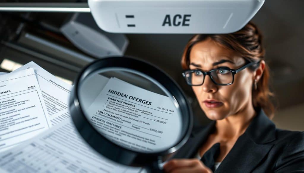 A detailed illustration of hidden fees and add-ons related to garage door openers. In the foreground, a magnifying glass hovers over a collection of documents and invoices, revealing fine print with hidden charges like installation fees, service costs, and optional features. In the middle, a professional business person in smart attire examines these documents thoughtfully, their expression reflecting concern and clarity. In the background, a modern garage door opener is partially visible, its sleek design showcasing technology. Soft, natural lighting filters through a nearby window, creating a moody yet focused atmosphere, suggesting the importance of understanding additional costs. The angle is slightly above eye level, enhancing the viewer's perspective on the documents and the person's analytical gaze.