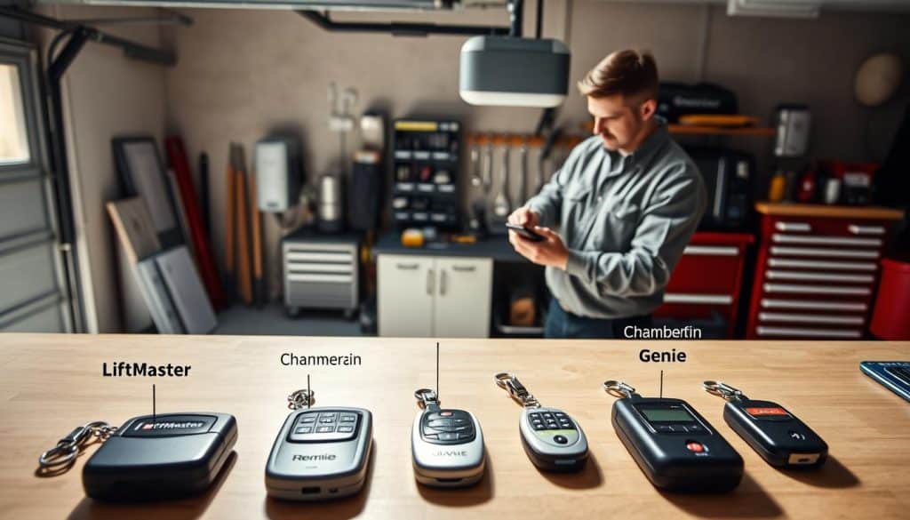 A detailed instructional scene illustrating brand-specific steps for popular garage door openers. In the foreground, an organized workspace features various garage door remote controls from different brands—LiftMaster, Chamberlain, and Genie—laid out neatly on a workbench. Each remote is labeled subtly to indicate its brand. In the middle ground, a professional technician dressed in a modest casual outfit, focused on programming a remote, is shown adjusting the settings on a nearby garage door opener mounted on the wall. The background includes a shadowed, well-lit garage with tools and equipment neatly arranged, creating an atmosphere of professionalism and efficiency. Natural light filters through a window, casting soft shadows, enhancing the clear focus of the image on the task at hand.