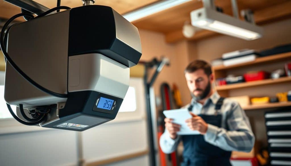 A detailed view of an upgraded garage door opener installation in a well-lit garage setting. In the foreground, showcase a modern garage door opener with visible wiring and a digital control panel, emphasizing its advanced features. In the middle ground, include an electrician in professional attire, carefully examining the installation process, highlighting the technical nature of electrical upgrades. The background should feature a neatly organized garage with tools and shelves, providing context to the environment. Use soft, natural lighting to create a warm and inviting atmosphere, while ensuring all elements are sharply focused to convey a sense of professionalism and attention to detail. The overall mood should reflect the importance of understanding hidden costs in home maintenance.