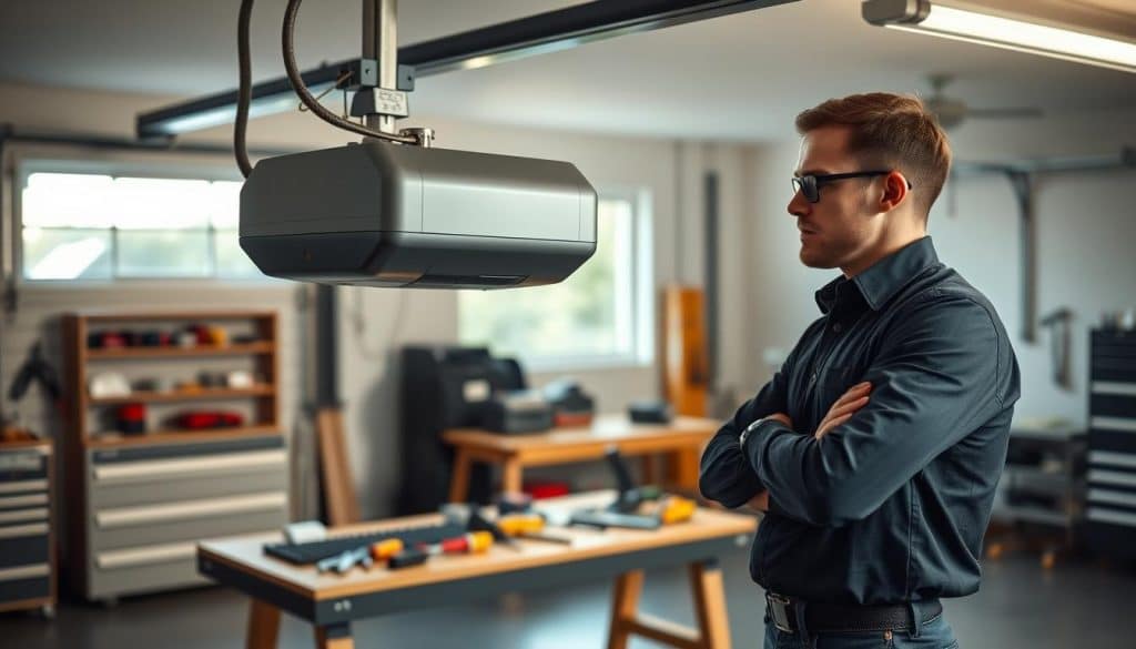 A modern garage interior showcasing a cost-effective garage door opener installation. In the foreground, a professional technician in smart casual attire is demonstrating the installation process on a sleek garage door opener unit. In the middle, tools and parts are neatly arranged on a workbench, emphasizing an organized and efficient workspace. The background features a well-lit garage with natural light streaming through a window, highlighting the clean, tidy environment. The overall mood is productive and focused, with warm lighting creating an inviting atmosphere. The camera angle captures the technician in action, emphasizing the practicality and expertise involved in reducing installation costs while maintaining quality. No text or logos included.