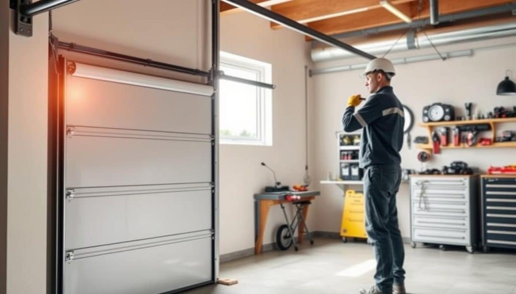 A professional garage door installation scene, featuring a sleek, modern garage door in the foreground, showcasing its clean lines and contemporary design. In the middle ground, a skilled technician in professional attire, wearing a safety helmet and gloves, is carefully adjusting the door. The setting is bright, illuminated by soft natural light filtering in from a nearby window, creating a warm and inviting atmosphere. In the background, a well-organized workshop with tools neatly arranged adds context, emphasizing the professional environment. The image captures a feeling of safety and expertise, highlighting the benefits of professional installation over DIY, while focusing on quality and craftsmanship. High-resolution, taken from a slightly elevated angle for a dynamic view.
