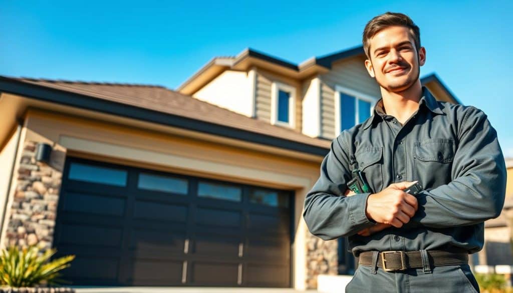 A professional garage door service technician in a neatly pressed uniform, confidently standing next to a modern, stylish garage door. The foreground features the technician holding tools, preparing to assist a homeowner. In the middle ground, a well-designed residential home with a freshly installed garage door showcases a blend of contemporary architecture and curb appeal. The background highlights a clear blue sky, adding warmth and brightness to the scene. The lighting is bright and inviting, with sunlight casting soft shadows. The angle is slightly low to emphasize the technician’s expertise and the quality of the garage door. The mood is positive and reassuring, reflecting reliability and professionalism in home maintenance services. The overall composition conveys trust and satisfaction for homeowners choosing Emerald Garage Door Services.