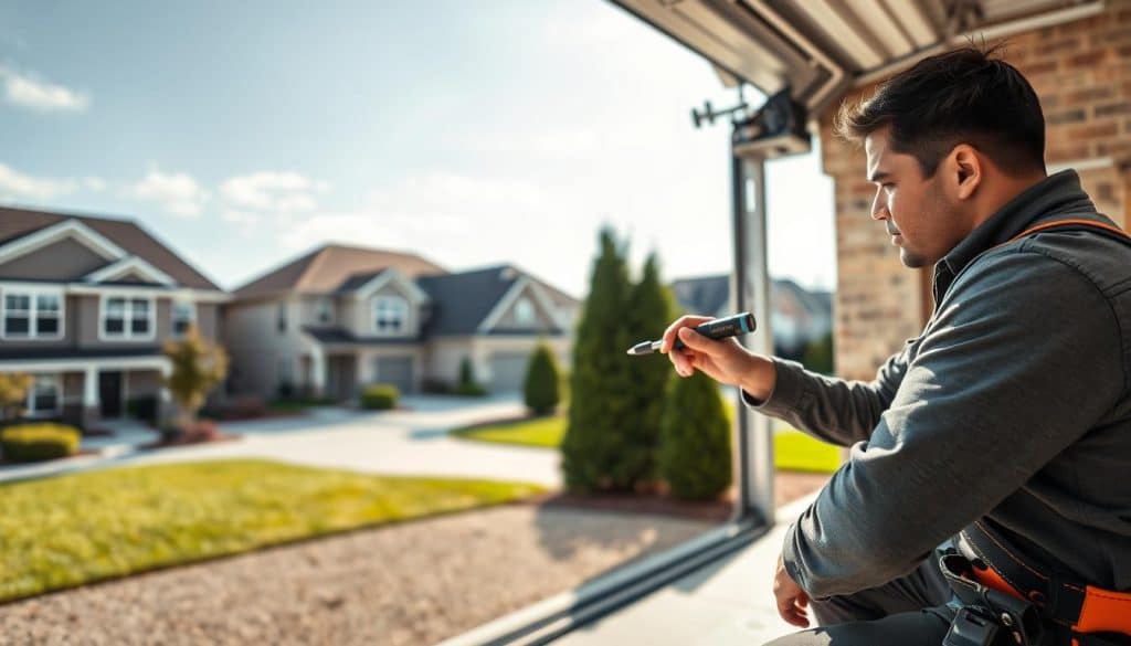 A professional garage technician performing preventive maintenance on a residential garage door, focusing on the inspection of the motor and springs. In the foreground, the technician, dressed in smart workwear with a tool belt, is kneeling beside the garage door, using a screwdriver. The middle ground features the opened garage door with clear detail of its mechanical components, including the tracks and rollers. The background showcases a suburban neighborhood with well-maintained lawns under a bright, clear sky, casting soft shadows. The image is well-lit, emphasizing the technician's concentration and care while performing the task. The overall mood is reassuring and diligent, conveying a sense of safety and professionalism in maintenance.