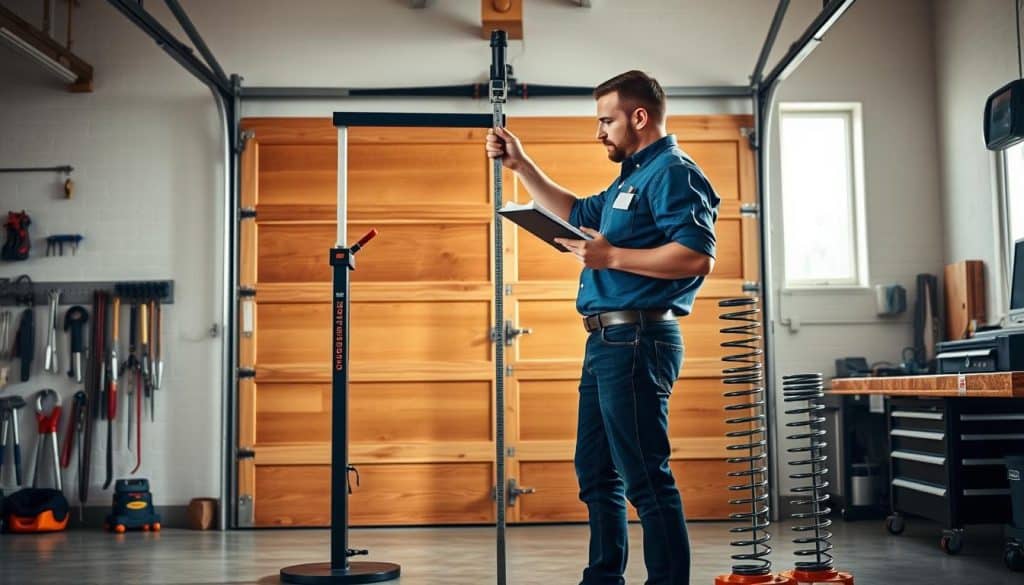 A professional garage technician stands in a well-lit workshop, meticulously measuring the weight of a large wooden garage door using a heavy-duty scale. In the foreground, the technician, dressed in a blue work shirt and dark jeans, carefully documents the measurement on a clipboard. The middle ground features the open garage door, showcasing its intricate panels and hardware, while extension springs are neatly displayed nearby for reference. The background includes tools hanging on the wall, a workbench with a toolbox, and natural light streaming through a window, creating a bright, organized atmosphere. The overall mood conveys expertise and professionalism, emphasizing the importance of accurate measurement in spring selection.