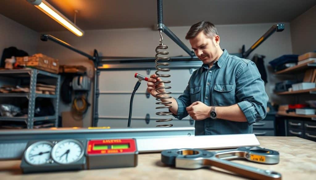 A professional technician in a clean garage workshop, dressed in modest casual work attire, carefully tests a garage door spring extension. He is focused, adjusting a tensioning tool with precision, showcasing the balancing process. In the foreground, tools are neatly arranged, highlighting a level gauge and a wrench. The middle of the image features the garage door partially open, with the technician standing next to it, observing the balanced spring mechanism. The background reveals shelves filled with garage door parts and an organized workbench, illuminated by warm overhead lighting that casts a soft glow. The atmosphere conveys dedication and expertise, emphasizing the importance of fine-tuning for safety and functionality.