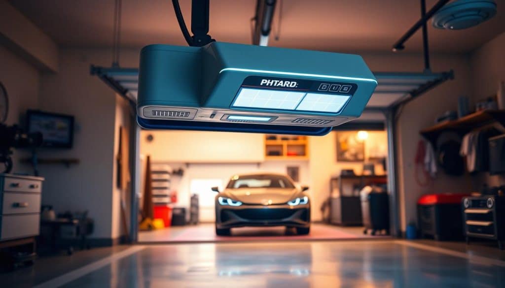 A sleek, modern garage door opener prominently displayed in the foreground, showcasing its streamlined design with buttons and a digital interface. The opener is set against a softly lit garage interior, featuring a stylish garage door partially open in the middle, revealing a glimpse of a well-organized, clutter-free garage. In the background, a wall-mounted control panel and various tech gadgets subtly emphasize the theme of advanced technology. The scene is illuminated by warm, ambient lighting, creating a welcoming atmosphere. Captured from a slightly elevated angle, the focus highlights the functionality and aesthetic appeal of the garage door opener without distractions from other elements. The overall mood conveys innovation and sophistication, perfect for illustrating modern garage solutions.