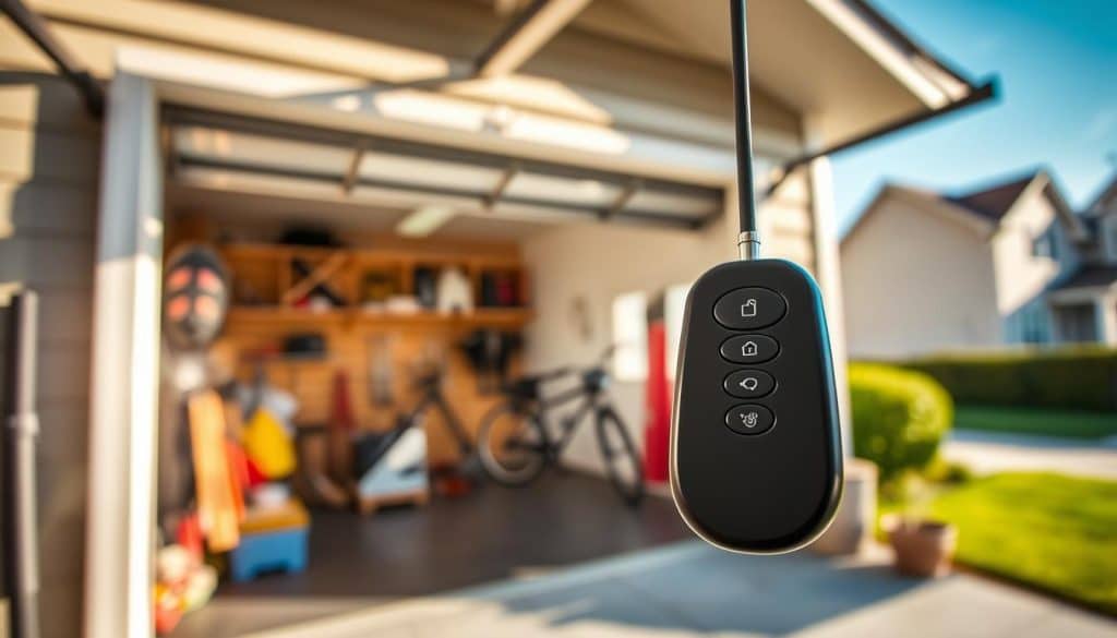 A sleek, modern garage door remote in the foreground, showcasing its smooth, ergonomic design and prominent buttons. Its glossy finish reflects nearby light, creating a slight sparkle effect. In the middle ground, an open garage door reveals a well-organized garage interior, with tools and a bicycle neatly arranged. Soft, natural light streams in from the outside, casting gentle shadows that add depth to the scene. The background features a suburban neighborhood, with green lawns and a clear blue sky, enhancing the sense of a peaceful environment. The overall mood is practical and inviting, emphasizing the ease of use and accessibility of the garage door remote, framed as the focal point that represents home convenience.