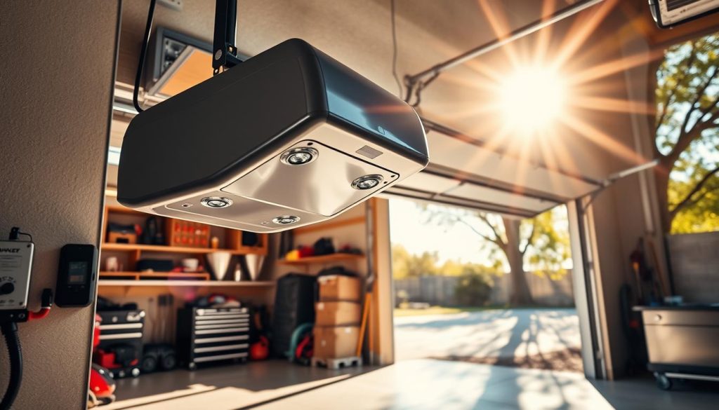 A visually striking garage scene showcasing a modern horsepower garage door opener in action. In the foreground, a sleek, high-tech garage door opener is mounted near a spacious, partially open garage door, revealing a well-lit interior with car tools and equipment. The middle layer features a heavy-duty, insulated garage door with a stylish design, highlighting its robust construction to handle various door sizes and weights. In the background, a bright, sunny day bathes the scene in natural light, while shadows from nearby trees create a vibrant contrast. The overall atmosphere is one of efficiency and expertise, with subtle technical details, like the reflection of sunlight on metal surfaces, enhanced by a slightly angled perspective to draw viewers into the scene. A visually striking garage scene showcasing a modern horsepower garage door opener in action. In the foreground, a sleek, high-tech garage door opener is mounted near a spacious, partially open garage door, revealing a well-lit interior with car tools and equipment. The middle layer features a heavy-duty, insulated garage door with a stylish design, highlighting its robust construction to handle various door sizes and weights. In the background, a bright, sunny day bathes the scene in natural light, while shadows from nearby trees create a vibrant contrast. The overall atmosphere is one of efficiency and expertise, with subtle technical details, like the reflection of sunlight on metal surfaces, enhanced by a slightly angled perspective to draw viewers into the scene.