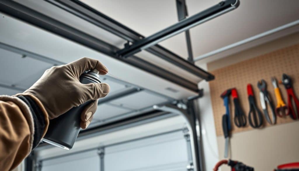 A well-lit garage interior showcasing a close-up view of a garage door being lubricated. In the foreground, a hand wearing a protective glove applies a spray lubricant to the hinges, emphasizing the action of maintenance. The middle ground features a garage door partially open, revealing its mechanical components and spring system, with drops of lubricant glistening in the light. The background shows basic garage tools neatly organized on a pegboard, enhancing the atmosphere of a tidy workspace. The lighting is bright and even, simulating daylight streaming through a window, creating a practical, informative mood. Capture this scene with a slight angle to add depth, focusing on the lubrication process without any text or branding.