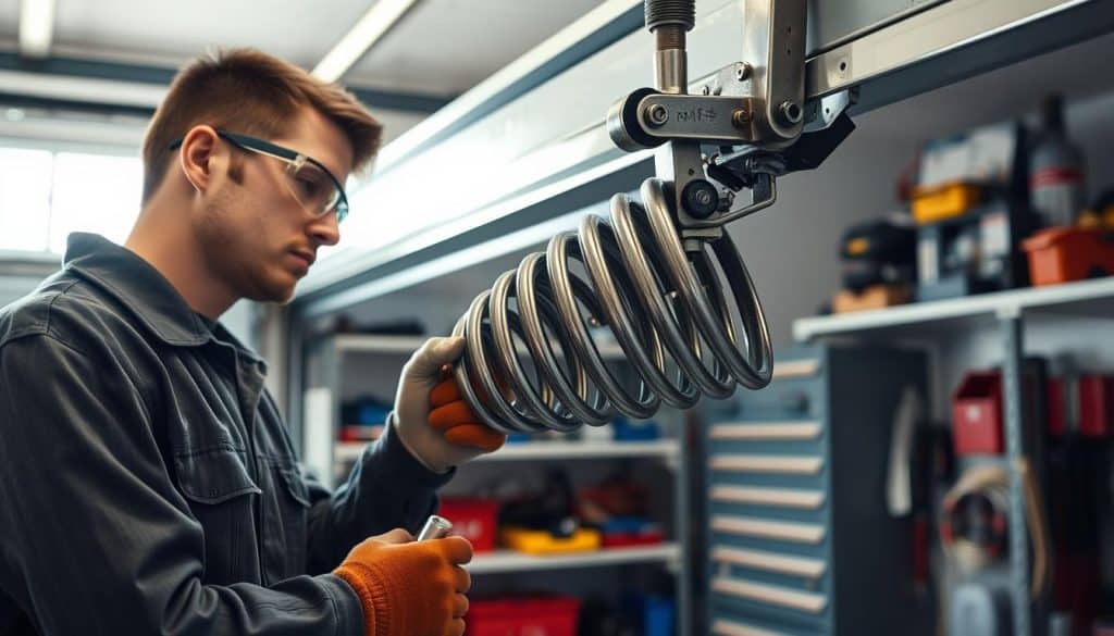 A well-lit garage interior showcasing a detailed scene of garage door spring maintenance. In the foreground, a technician dressed in professional attire, wearing safety goggles and gloves, is carefully inspecting a coiled spring on a garage door. Tools such as a wrench and screwdriver are neatly arranged nearby. In the middle ground, the garage door is partially open, revealing a close-up of the spring mechanism and pulleys, highlighting the intricate details of the hardware. The background features organized shelving with various garage tools and equipment, softly lit to emphasize a tidy workspace. The mood is professional and focused, with clear natural lighting coming from a window, creating an atmosphere of diligence and safety in home maintenance.