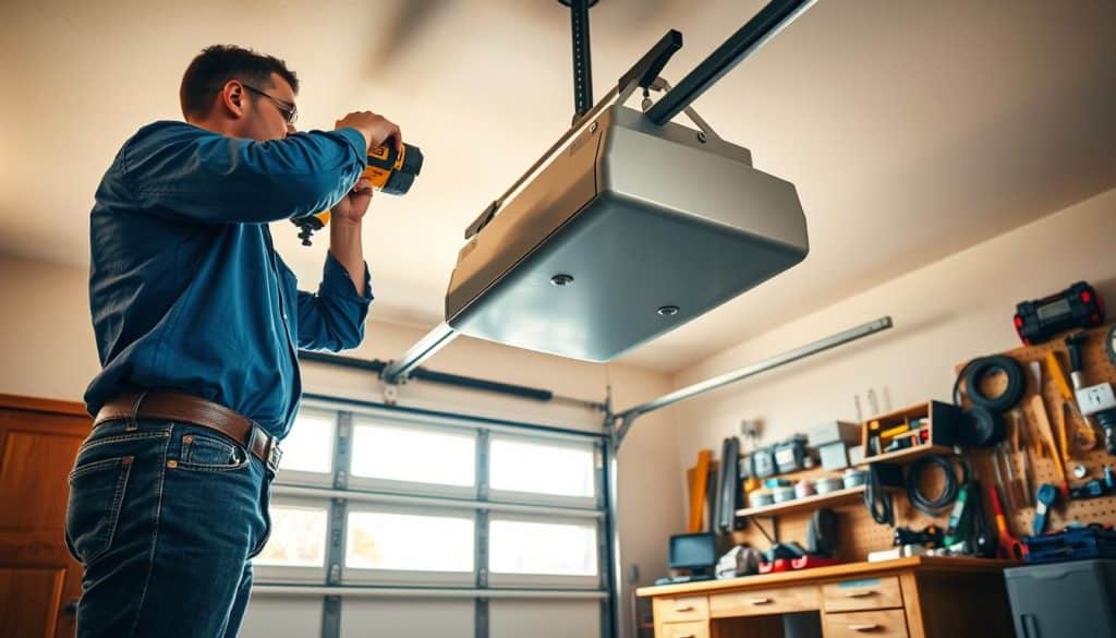 A well-lit garage interior showcasing the installation of a garage door opener. In the foreground, a professional technician wearing a blue shirt and jeans is carefully mounting the opener to the ceiling, using tools such as a drill and screws. The middle ground features the partially installed door with a focus on the opener mechanism, highlighting its components like the motor and rail system. The background includes various tools and parts neatly organized on a workbench, along with a partially raised garage door, allowing natural light to stream in. The atmosphere should convey a sense of diligence and expertise, with warm lighting highlighting the practicality of DIY versus professional installation. The angle of the shot captures both the technician's focused expression and the intricate details of the installation process.