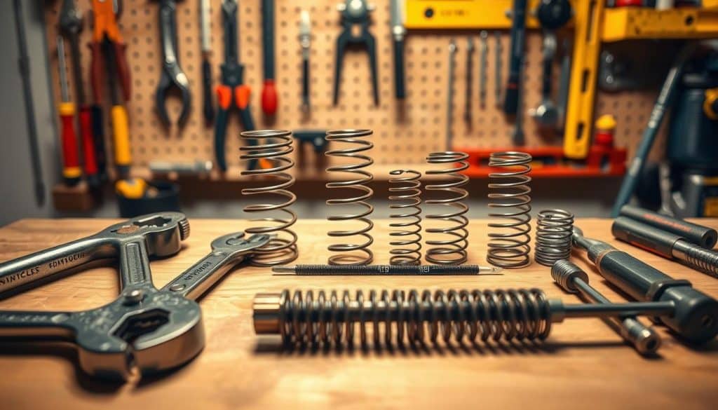 A well-organized workbench featuring essential tools for garage door spring installation. In the foreground, prominently display a sturdy adjustable wrench, a pair of locking pliers, and a tension rod, arranged methodically. In the middle, showcase a set of various-sized extension springs and torsion springs, neatly positioned with labels for clarity. The background should include a garage environment with tools hanging on the wall, such as a screwdriver set and a level, softly blurred to maintain focus on the tools in the foreground. Use warm, bright lighting to create an inviting atmosphere, emphasizing metallic textures and the workbench's wooden surface. The shot should be taken from a slightly angled top-down perspective to capture the tool arrangements effectively.