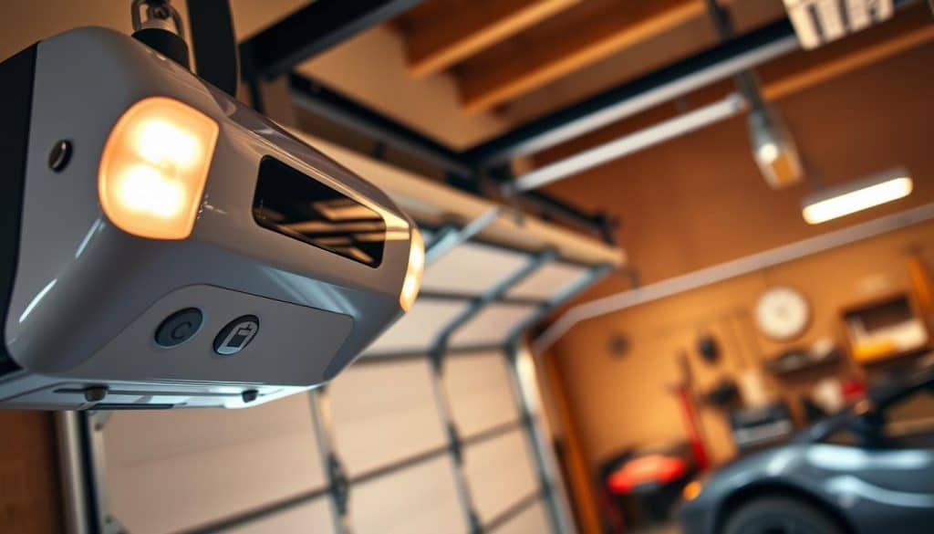 A close-up view of a modern garage door opener, featuring a sleek, high-tech design with illuminated buttons and a digital display. In the foreground, focus on the opener, its glossy finish reflecting soft ambient light. In the middle ground, depict the garage door partially open, showing the intricate mechanism, including pulleys and a chain drive system, in action. The garage setting should be tidy, with tools and a vehicle subtly visible in the background, creating a sense of realism. Use warm, diffused lighting to evoke a welcoming atmosphere, and capture the scene from a slightly elevated angle to emphasize the connection between the opener and the door.