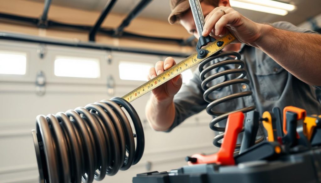 A close-up view of a professional technician measuring a garage door torsion spring with precise tools. The technician, dressed in modest work attire, is focused on the task, employing a tape measure to gauge the spring length and diameter. The foreground highlights the intricate details of the torsion spring, showcasing its coils and mounting brackets. In the middle ground, a toolbox with various measurement tools is visible, adding depth to the scene. The background features a garage door partially open, illuminated by soft daylight streaming in from a nearby window, creating a warm and practical atmosphere. The composition emphasizes the importance of accuracy in measurement, with a slightly elevated angle capturing both the technician’s concentration and the mechanical components.