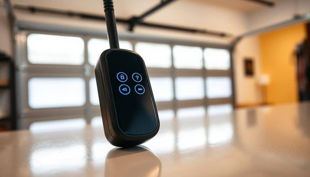 A close-up view of a sleek, modern remote control designed for a garage door opener, set against a blurred background of a stylish garage interior. The remote features a smooth, black surface with illuminated buttons, showcasing the latest technology and ergonomic design. Soft, natural lighting highlights the contours and features of the remote, while a subtle reflection on a polished countertop adds depth to the image. In the background, the hint of a large, closed garage door can be seen, with a warm, inviting atmosphere suggesting a homey environment. The image should evoke a sense of convenience and innovation, capturing the essence of modern automation in everyday life.