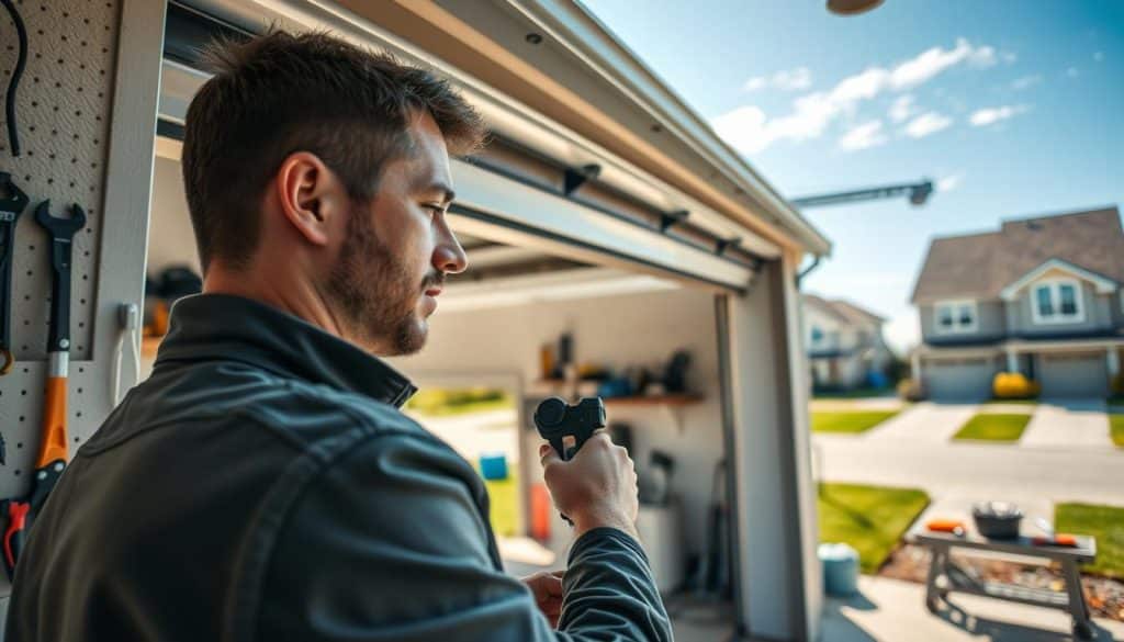 A cozy residential garage scene during the day, focusing on a skilled technician in professional work attire, working on a modern garage door. In the foreground, the technician uses tools to inspect and repair the door's mechanisms, showcasing attention to detail. The middle ground features a partially open garage door revealing a clean, organized workspace with tools hanging on the wall and a workbench. In the background, a well-kept neighborhood with green lawns and colorful houses under a bright blue sky. Soft sunlight filters in, creating a warm and inviting atmosphere. A close-up angle highlights the technician’s focused expression, emphasizing professionalism and expertise in garage door repair.