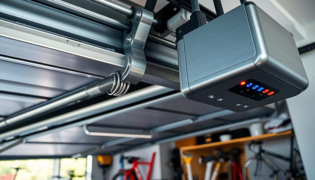 A detailed close-up of a modern garage door system, showcasing the intricate mechanical components like springs, rollers, and the motor mechanism. In the foreground, highlight the garage door tracks and the automatic opener, featuring sleek metallic textures and sophisticated engineering. The middle ground should display the entire garage door slightly raised, revealing part of the control panel, with vibrant LED indicators. In the background, softly lit by natural daylight, an organized garage interior is visible, hinting at bicycles and tools neatly arranged. Capture this scene from a slightly elevated angle to emphasize the complexity of the garage door system. The mood conveys innovation and efficiency, with bright, clear lighting focusing on the technological aspects without clutter. The image should inspire understanding and curiosity about garage door functionality.