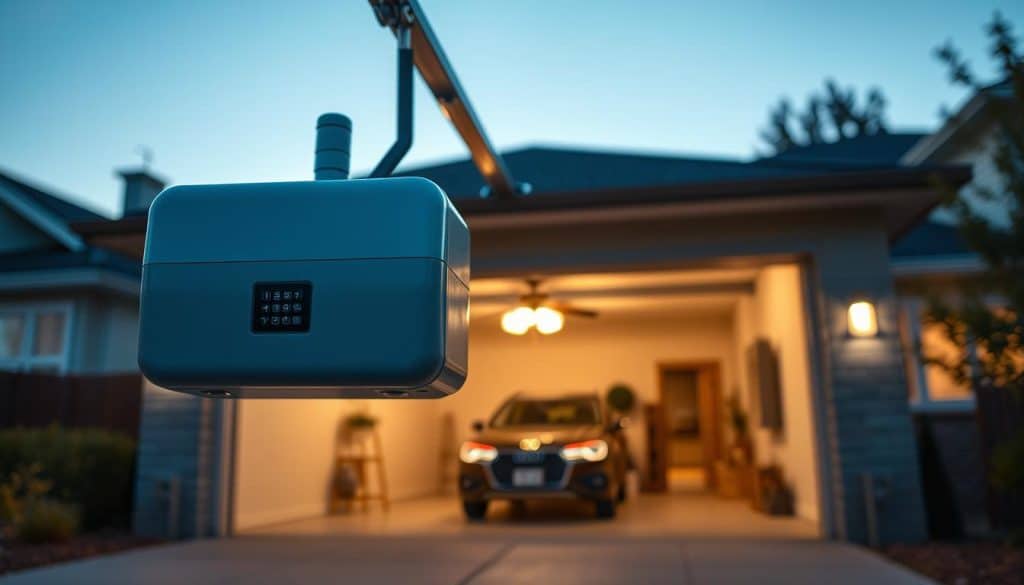 A modern garage door opener displayed prominently in the foreground, showcasing its sleek design with a focus on safety and security features. The opener is equipped with a digital keypad and sensors to highlight its advanced technology. In the middle ground, a softly illuminated garage interior reveals a well-maintained vehicle, emphasizing a safe and secure environment. The background features a tranquil suburban setting, with a clear evening sky transitioning to dusk, casting a warm glow through the garage's windows. Utilize soft ambient lighting to create a calming atmosphere. The perspective should be slightly elevated, capturing the opener and the serene surroundings. Aim for a professional yet inviting mood, encapsulating the essence of security in modern home technology.